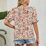 Nadorine Casual Floral Print Smocked Puff Sleeve Shirts