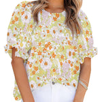 Nadorine Casual Floral Print Smocked Puff Sleeve Shirts