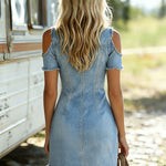 Lapel Collar Zip-up Double-pocket Off-the-shoulder Denim Mini Dress