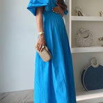 Elegant V Neck High Waist Ruched Swing Maxi Dress