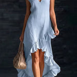 Margovil V Neck Sleeveless High Low Hem Ruffle Maxi Dress