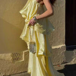 Margovil Spaghetti Strap Ruffle Layered Satin Maxi Dress