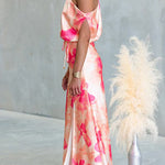 One Shoulder Floral Print Slit Satin Maxi Dress