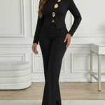 Golden Button Decor Long Sleeve Seam Front Overalls Casual Zipper Back Faux Two-Piece Commuting Jumpsuit