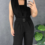 V Neck Lace-Up Waist Meatl Buckle Jumpsuit Casual Shirred Wide Leg Romper