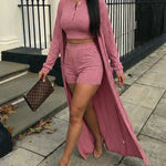 3 Pieces Outfit Sleeveless Half Button Front Crop Tank Top and High Waist Elastic Waist Shorts Set with Longline Cardigan Casual Rhinestone Decor Textured Set