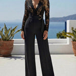 Crochet Lace Trim Deep V-Neck Floral Lace Spliced Ovearalls Casual Zipper Back Seam Front Jumpsuit with Belt