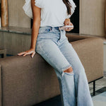Margovil Round Neck Polka Dot Ruffle Short Sleeves Top