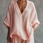 Casual Urban Bohemian Style V-neck Pink Cotton Blouse And Pants Set