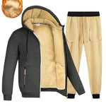 KZZ Two-piece Set Men's Solid Zip Up Hooded Jacket & Drawstring Waist Pants Set