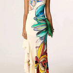 One Shoulder Sleeveless Floral Print Ruffle Slit Maxi Dress