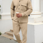 KZZ Men's two-piece casual suit with a stand-up collar long sleeves with a subtle texture