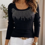 Women's Square Neck Long Sleeve Top Rhinestone Ribbed Knit Shirt Slim Fit Casual Sparkly Tee