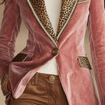 Pink Velvet Stitching Leopard Print One Button Blazer