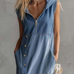 Exquisite Vintage Casual Hooded V-neck Zipper Side Slits Buttons Blue Denim Midi Dress