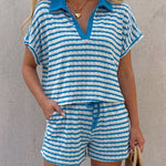 Women's Stripe Textured Two Piece Outfits Polo Top and Drawstring High Waisted Shorts Casual Lounge Set
