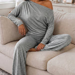 Women's 2 Piece Outfits Skew Neck Ruched Asymmetric Hem Top and Wide Leg Pants Set Casual Lounge Set