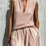 Pink Casual sleeveless top and loose striped trousers set