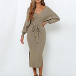 V Neck Bat Sleeve Sweater Slim Midi Dress