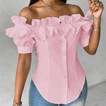 Ruffles Off Shoulder Short Sleeve Button Front Blouse Asymmetrical Hem Top