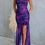 Spaghetti Strap Ruched Slit Floral Print Maxi Dress