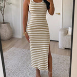 Women's Stripe Midi Dress Square Neck Ribbed Knit Bodycon Dress Backless Side Slit Vacation Dress