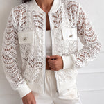 Women's Lace Hollow Out Bomber Jacket Sheer Wave Pattern Lace Zip Up Outerwear Ribbed Trim Coat