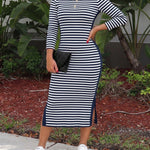 Women's Casual Striped Midi Dress Long Sleeve Crewneck Contrast Side Panel Side Slit T-Shirt Knit Dress with Pockets