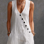 Stylish Simple Loose-fitting Sleeveless V-neck Diagonally Buttoned Cotton White Maxi Dress