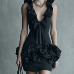Women's fashionable black acetate double-sided satin ruffled V-neck short dress