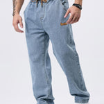 KZZ Men's Regular Fit Patched Drawstring Waist Jeans