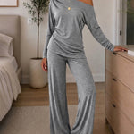 Women's 2 Piece Outfits Skew Neck Ruched Asymmetric Hem Top and Wide Leg Pants Set Casual Lounge Set