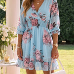Floral Print Overlap V Neck Three Quarters Sleeve Shirred Waist Ruffle Hem Dress Casual Cinched Waist Flared Cuffs Chiffon Vacation Dress with Lining