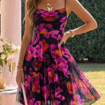 Women's Floral Print Cami Midi Dress Sexy Ruched Mesh A Line Sundress Elegant Spaghetti Strap Party Dress