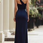 Navy One-Shoulder Draped Slit Maxi Dress