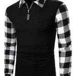 KZZ Men's Patchwork Plaid Print Half Zip Up Polo Shirt