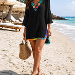 Women's V Neck Beach Cover Up Pom Pom Trim Side Slit Sheer Caftan Causal Three Quarters Sleeve Swimwear