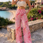 Women's Tie Dye Print Pleated Wide Leg Pants High Waisted Flowy Palazzo Pants Drawstring Lounge Pants with Pockets