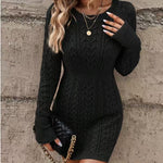 Crewneck Long Sleeves Cable Knit Bodycon Mini Sweater Dress