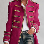 Vintage Military Magenta Gold Button Braided Trim Stand Collar Long Wool Coat