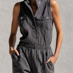 Stylish Simple Loose-fitting Sleeveless Stand-collar Front-buttoned Cotton Gray Jumpsuit