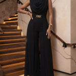 Women's Cowl Neck Wide Leg Jumpsuit High Waist Sleeveless Chiffon Overlay Spliced Evening Overalls with Belt