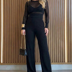 2 Pieces Outfit Round Neck Long Sleeve Semi-Sheer Crop Top and High Waist Elastic Waist Wide Leg Pants Set Casual Minimalist Ribbed Set