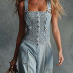 Retro Personality Light Blue Distressed Denim Overalls Jumpsuit