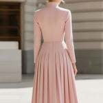 Elegant Blush Pink Pleated Midi Dress With Stand Collar
