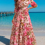 Women's Leopard Floral Print Dress V Neck Three Quarters Sleeve Ruffle Hem Dress Shirred Back A-Line Maxi Vacation Dress