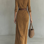 Margovil Long Sleeves Button Up Faux Suede Belted Maxi Dress