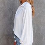 Women's Textured Button Down Shirt Loose Fit Lantern Sleeve Blouse Casual Office Work Top