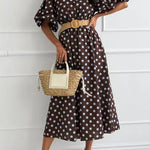 Lapel Lantern Short Sleeves Button Up Polka Dot Midi Dress