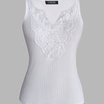 Contrast Lace V Neck Sleeveless Knit Top Casual Slim Fit Tank